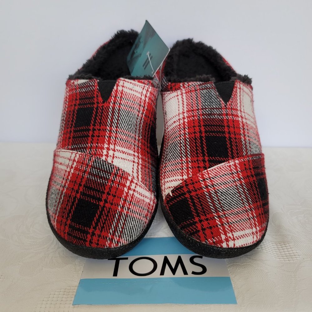 TOMS Men's Berkeley Faux Fur Lined Slip-On Slippers-Red Plaid- MEN's US Size 10⭐ - Picture 2 of 13